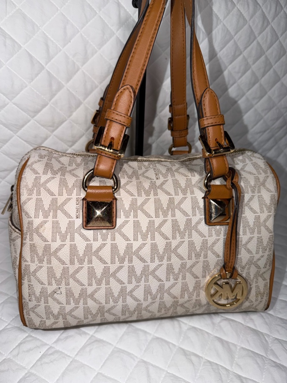 Michael Kors Beige Canvas Satchel with Caramel Trim